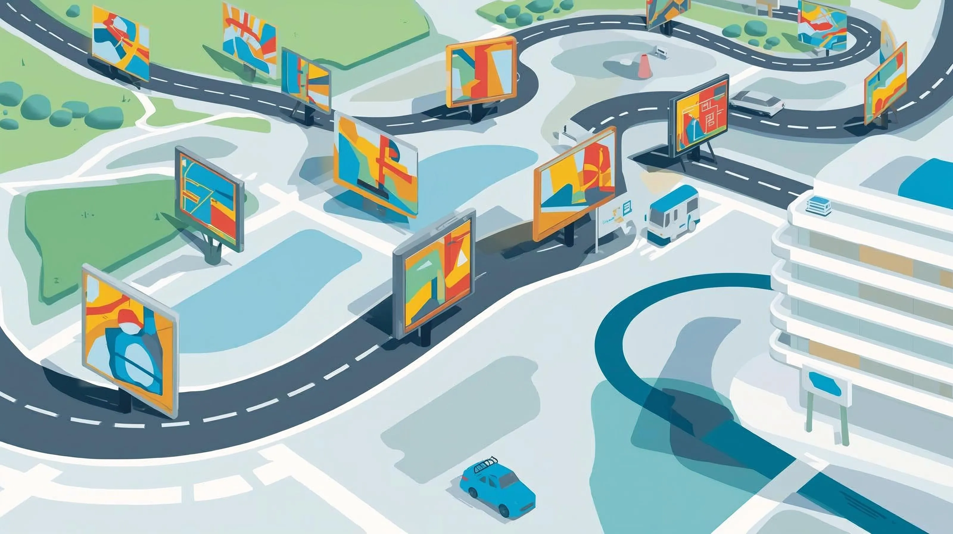 Ilustração isométrica de outdoors espalhados em rotas urbanas, representando cobertura estratégica